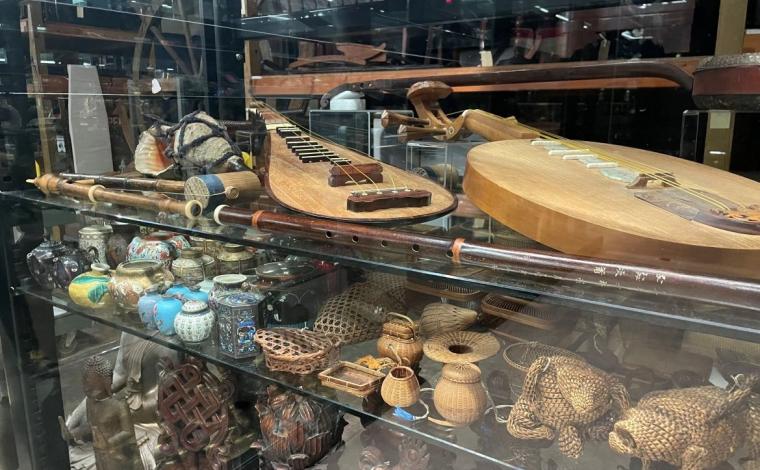 Objects on glass shelving in The Vault
