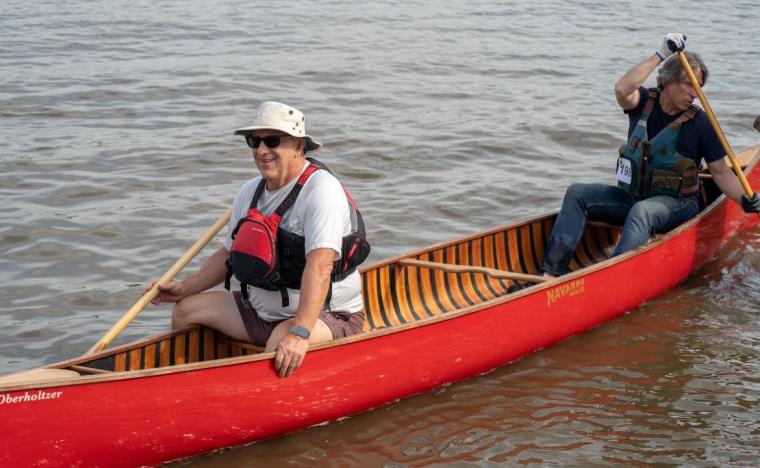 1st Place Men's QC Cup Navarro Canoe Racers August 16, 2025 – (l to r) Ralph Heninger and Dana Starkell paddling a vintage 1993 17' Oberholtzer built by Navarro Canoe Co. founder HL Pew in Talent, Oregon 
