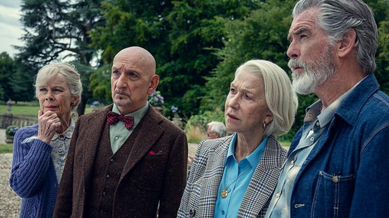Celia Imrie, Ben Kingsley, Helen Mirren, and Pierce Brosnan in The Thursday Murder Club