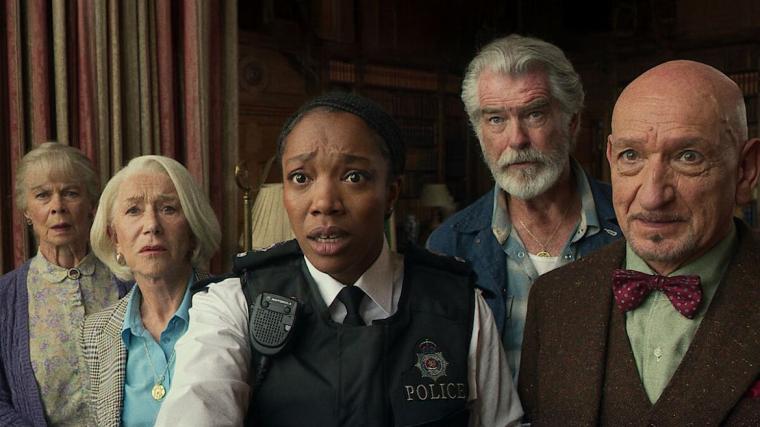 Celia Imrie, Helen Mirren, Naomi Ackie, Pierce Brosnan, and Ben Kingsley in The Thursday Murder Club