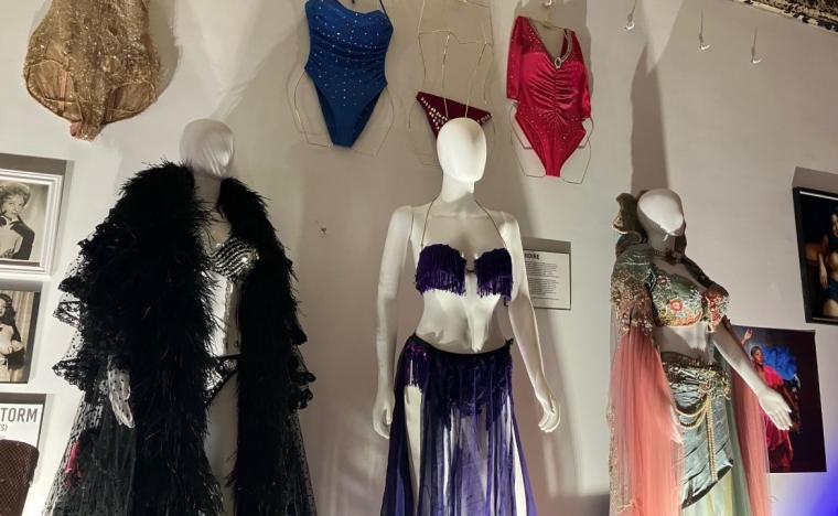 Costumes and photos of famous burlesque performers, at Ecdysiast Arts Museum in downtown Davenport (photo by Jonathan Turner).