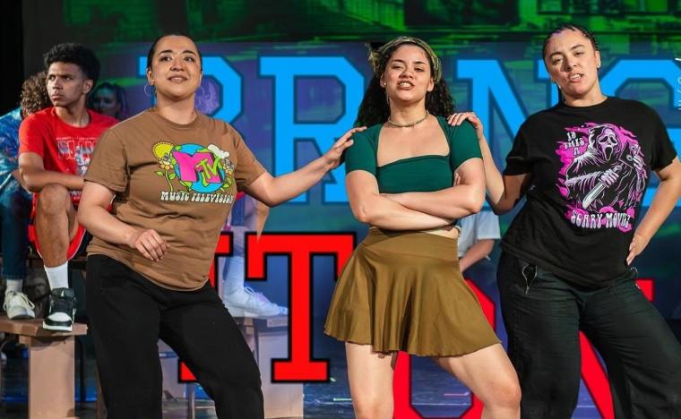 Jensen (center) played a lead in "Bring It On: The Musical" at the Spotlight Theatre this past June.