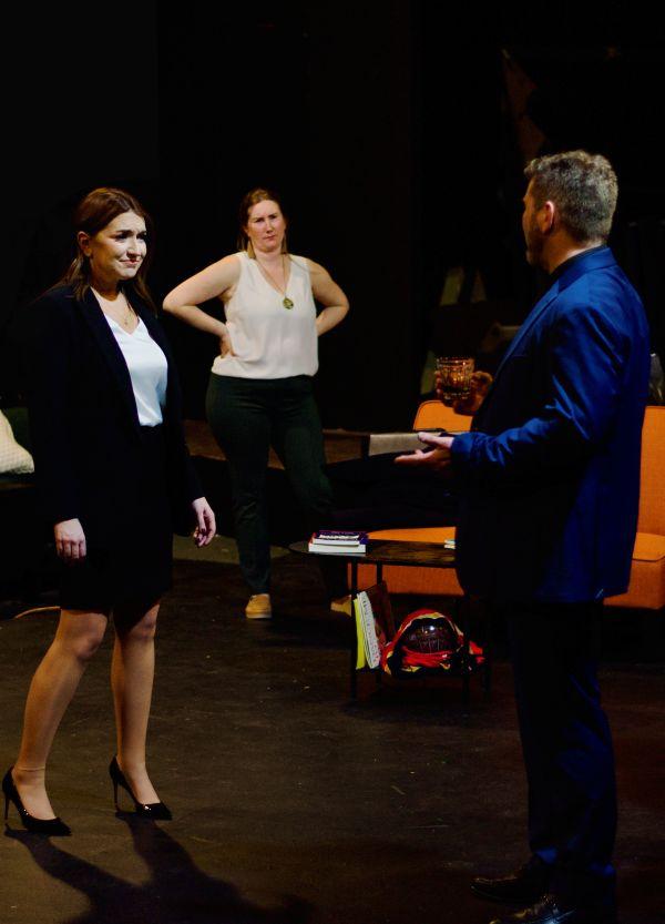 Leslie Day, Stephanie Burrough, and Thomas Alan Taylor in “God of Carnage" at the Playcrafters Barn Theatre -- February 27 through March 8.