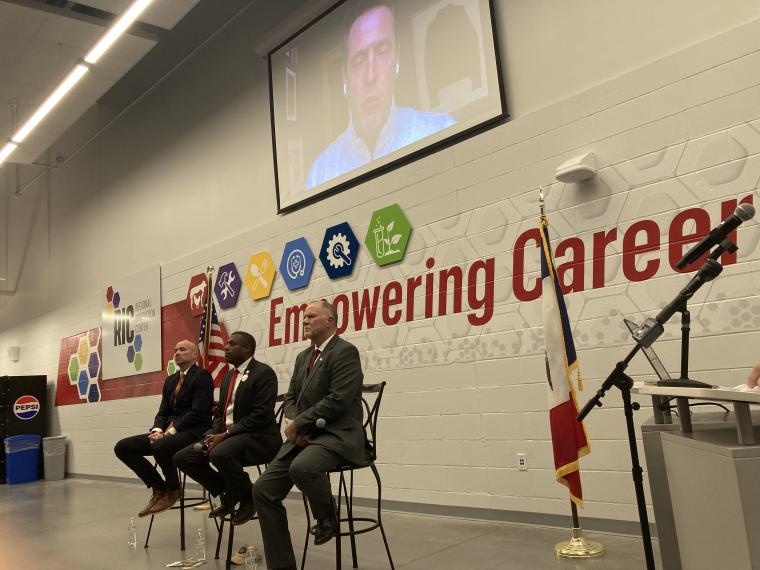 Scott County GOP Primary Governor Candidate Forum Eldridge Iowa Jan 22 2026 left to right Adam Steen - Eddie Andrews - Brad Sherman - above Zach Lahn