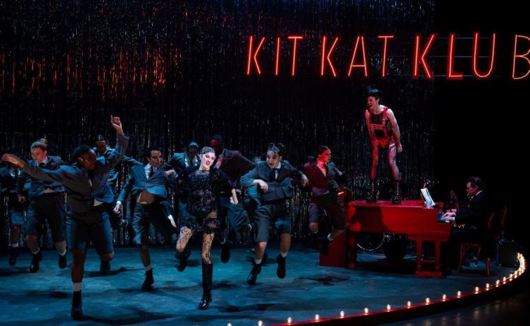Carly Garcia Walton, Miller J. Kraps, and ensemble members in Cabaret