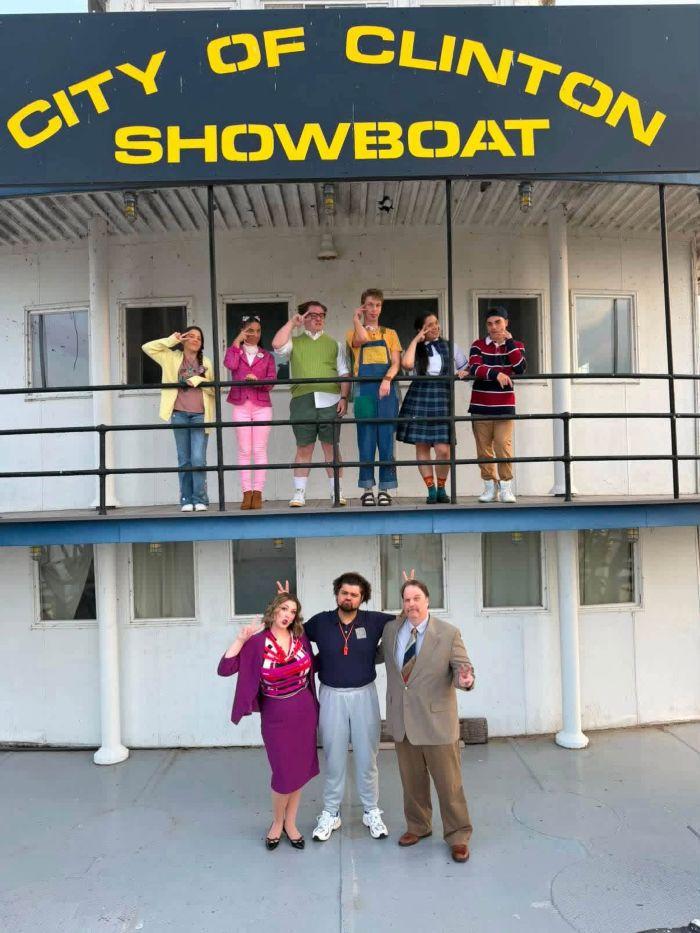 Jorja Focht, Katie Dina, Caleb Cox, John Sheridan, Madeline Burroughs, Brody Cahill (top), Grace Avery, Jackson McKinney, and Adam Lewis (bottom), in The 25th Annual Putnam County Spelling Bee