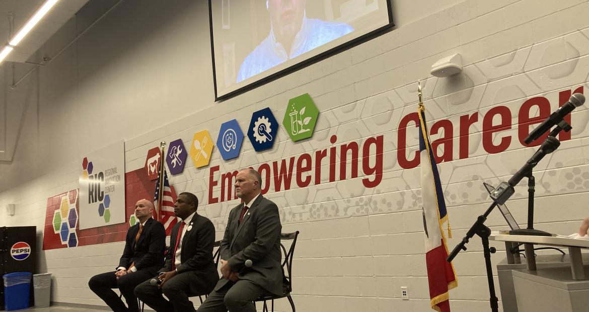 Scott County GOP Primary Governor Candidate Forum Eldridge Iowa Jan 22 2026 left to right Adam Steen - Eddie Andrews - Brad Sherman - above Zach Lahn