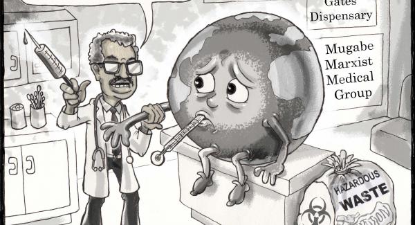 World Health Organization Director General Tedros Has a Cure for Earth's Humanity - Cartoon by Ed Ne