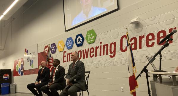 Scott County GOP Primary Governor Candidate Forum Eldridge Iowa Jan 22 2026 left to right Adam Steen - Eddie Andrews - Brad Sherman - above Zach Lahn